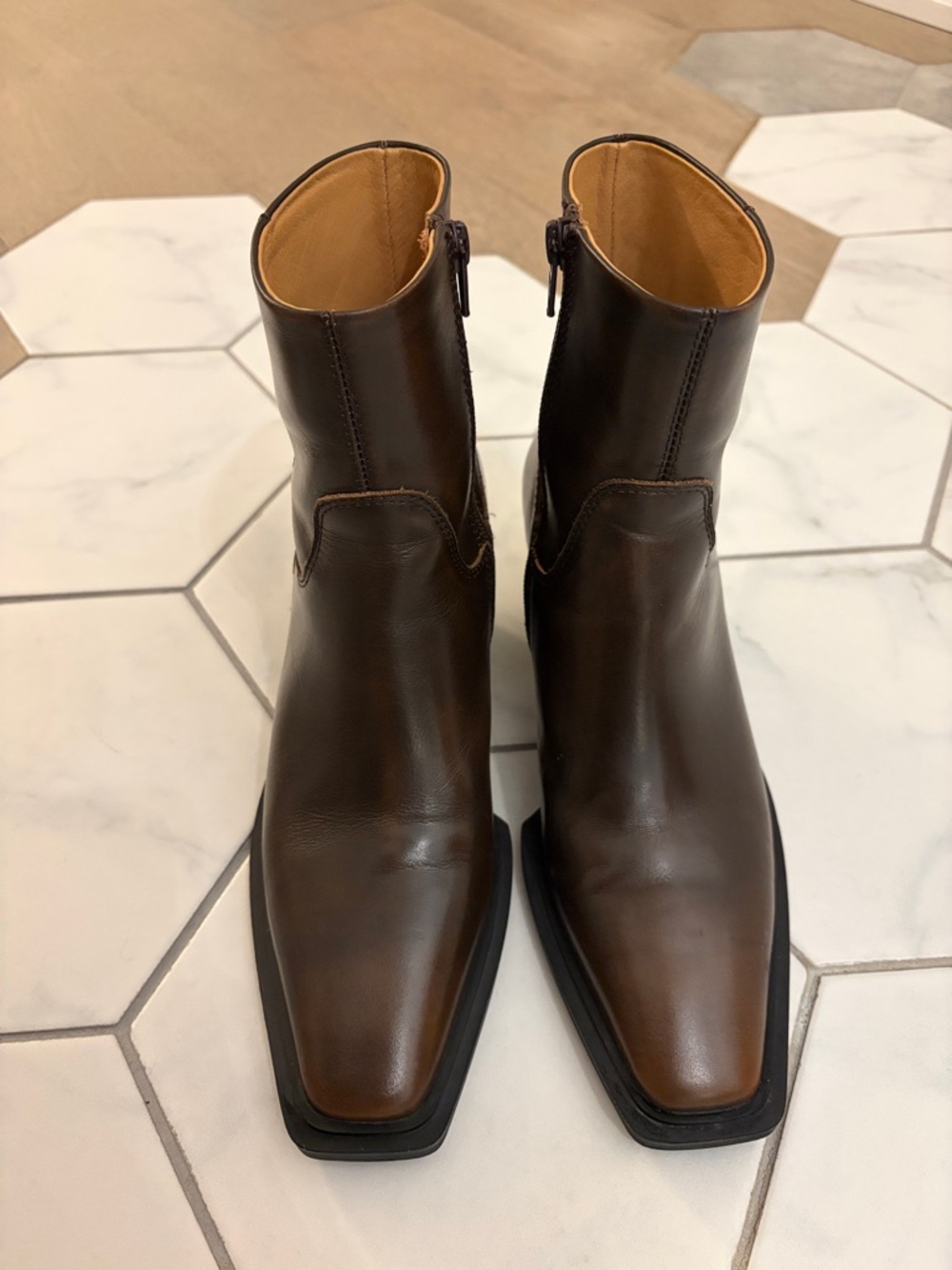 Brown Leather Square-Toe Ankle Boots